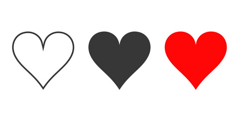 Heart icon set. Red, black, and outline heart icons. Love icon set