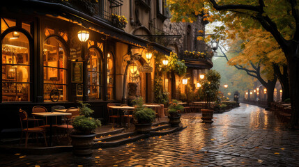 Warm and quaint European cafe on a cobblestone street with autumn foliage and evening lantern light.