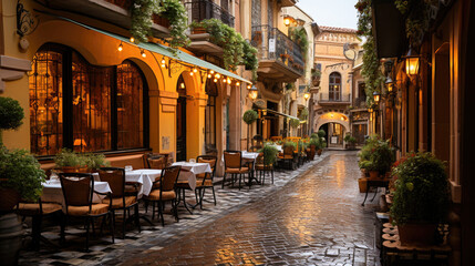 An inviting outdoor dining scene in a European-style alley with warm lighting and cobblestone street at evening.