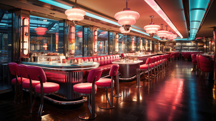 Elegant and retro American diner interior with neon lights and stylish red and pink seating, ready...