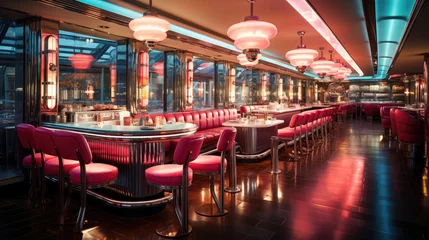 Poster Elegant and retro American diner interior with neon lights and stylish red and pink seating, ready to welcome evening guests. © apratim