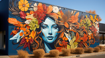 A stunning, large street art mural of a woman's face surrounded by vibrant autumnal flowers on an...