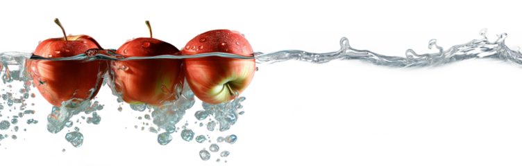 Three red apples falling into water. Splashing water and bubbles. Space for text. Isolated. Transparent. Semi-transparent. Can be used on any background color for your design compositions.
