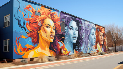Vibrant street mural of illustrated women painted on a buildingwall in an urban setting, showcasing the intersection of art and city life.