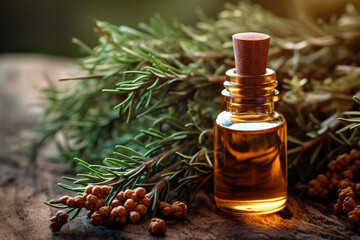 Alternative medicine. Brown bottle and green сoniferous tree branch