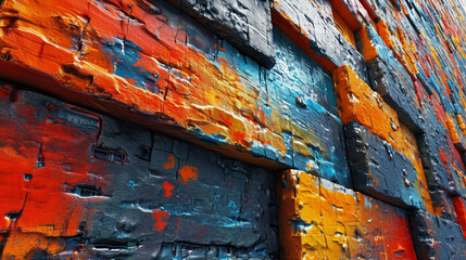 Color brick wall wallpaper 4k with abstract pattern and cubes, in the style of dark orange and sky-blue, psychedelic artwork, abstraction creation, technological art, colorful shapes