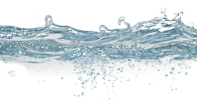 Water wave with splashes and bubbles. Macro section. Transparent. Isolated. Semi-transparent. Suggested use over dark/black backgrouds. Space for copy / text.
