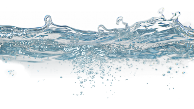 Water wave with splashes and bubbles. Macro section. Transparent. Isolated. Semi-transparent. Suggested use over dark/black backgrouds. Space for copy / text.