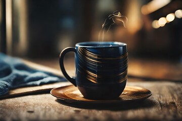 blue coffee cup on a wooden surface with strong bokeh background , warmth and cozy ,coffee branding presentation template , golden tones - obrazy, fototapety, plakaty