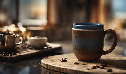 blue coffee cup on a wooden surface with strong bokeh background , warmth and cozy wooden interior  ,coffee branding presentation template , golden tones