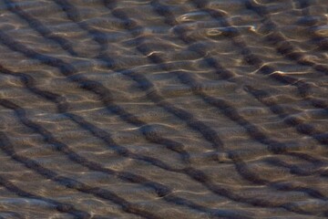 Sand sea bottom and small waves in sunny spring weather.