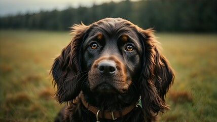 Field Spaniel Dog,portrait of a dog ,Close-up portrait photography of Dog,Portrait of a little pet,cute brown dog at home,Portrait of a pet.