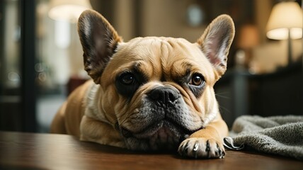 French Bulldog,portrait of a dog ,Close-up portrait photography of Dog,Portrait of a little pet,cute brown dog at home,Portrait of a pet.