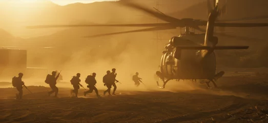Fotobehang Military in the desert running to the helicopter all covered in dust. © Alina Zavhorodnii