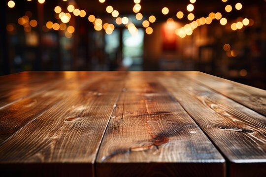 Empty Dark Wooden Countertop On Blurred Bokeh Bar Or Restaurant Background