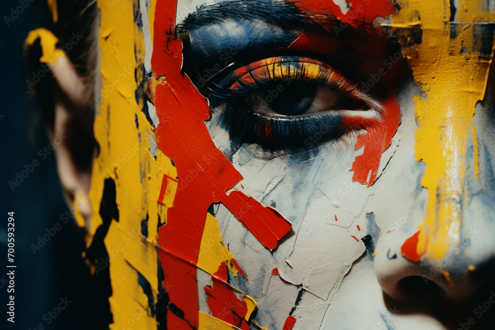 Poster A dramatic and intense abstract portrait with a high-contrast color scheme, conveying a powerful and impactful visual statement.