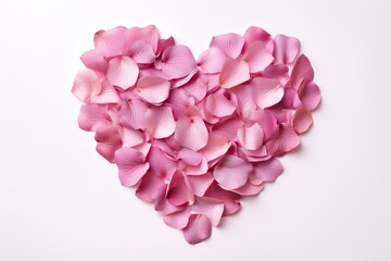 heart made of pink rose petals isolated on white background top view, romantic valentines day design