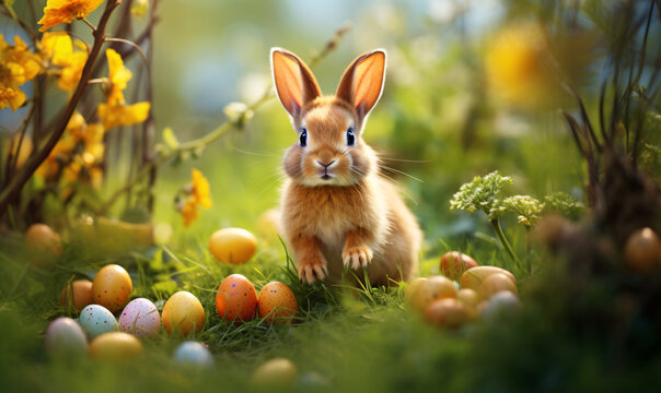 Adorable bunny with Easter eggs in a flower meadow. Happy Easter.