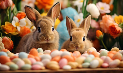 Fototapeta na wymiar A cute little bunny is hidden together with Easter eggs.