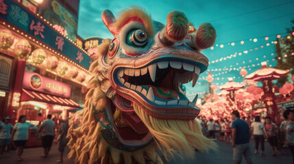 Chinese dragon as a character for the dragon dance at the Chinese New Year festival. Celebration. - obrazy, fototapety, plakaty
