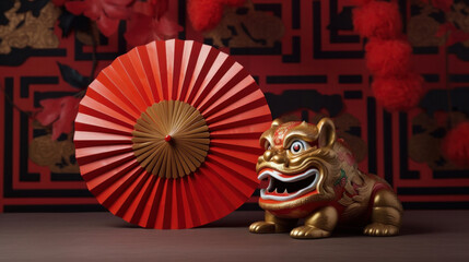 Chinese New Year celebration, Traditional colorful Chinese new year, lion with red fan.