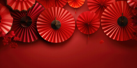 Chinese New Year celebration. Banner design with red paper fans decorations on red background..Chinese New Year celebration. Banner design with red paper fans decorations on red background..