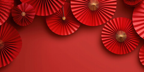 Chinese New Year celebration. Banner design with red paper fans decorations on red background..Chinese New Year celebration. Banner design with red paper fans decorations on red background.. - obrazy, fototapety, plakaty