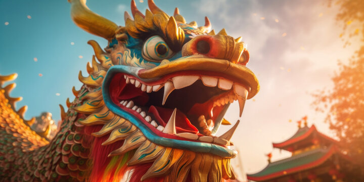 Chinese dragon as a character for the dragon dance at the Chinese New Year festival. Celebration.