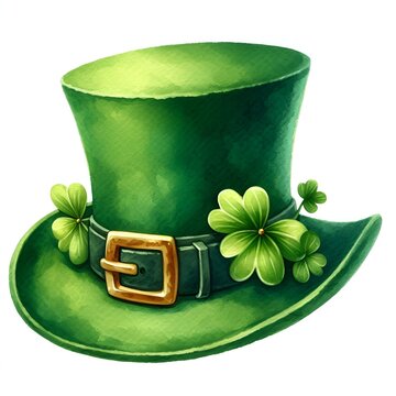 green leprechaun hat and clover leaves watercolor paint for st patricks day card design