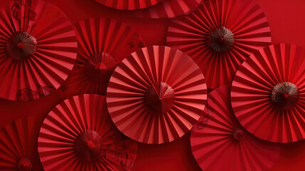 Chinese New Year celebration. Banner design with red paper fans decorations on red background..Chinese New Year celebration. Banner design with red paper fans decorations on red background.. - obrazy, fototapety, plakaty
