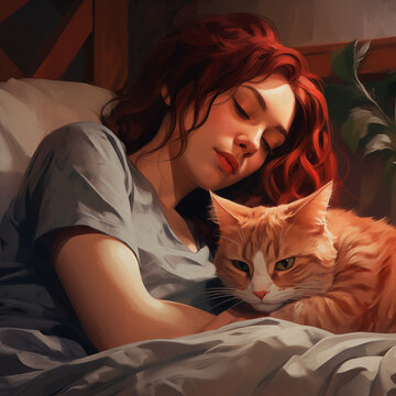 Eine hübsche junge Frau mit roten Haaren liegt mit einer rot-weißen Katze im Bett