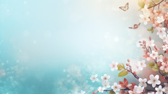 Beautiful spring Branches of blossoming branches of cherry tree against blue background and butterflies