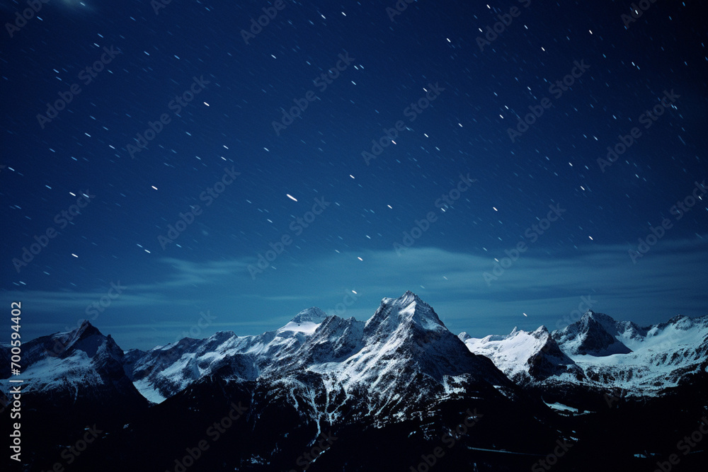 Poster a minimalistic graphic representation of mountain peaks under a starlit sky, emphasizing the tranqui