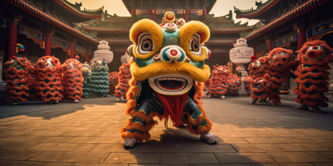Chinese traditional lion dance costume performing at a temple in China. Chinese New Year...