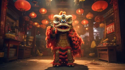  Chinese traditional lion dance costume performing at a temple in China. Chinese New Year Celebration. © tong2530