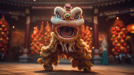 Chinese traditional lion dance costume performing at a temple in China. Chinese New Year...