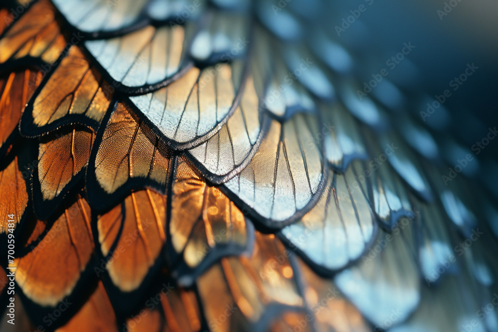Poster the delicate details of a butterfly's wing captured in macro, displaying a mesmerizing array of scal