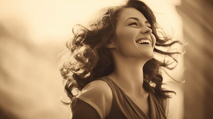 A black and white portrait of a joyful young woman against a classic sepia background, evoking a timeless and elegant atmosphere