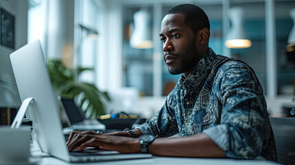 African american casual businessman in office using laptop and computer
