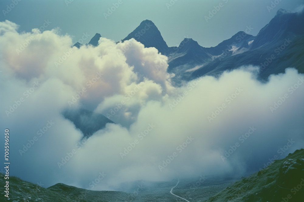 Poster a fantastical depiction of cloud-covered mountains floating in mid-air, blending reality and imagina