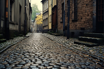 A nostalgic image of a cobblestone alley illuminated by the warm glow of antique streetlights, transporting viewers to an idyllic past.
