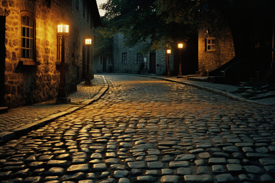 A nostalgic image of a cobblestone alley illuminated by the warm glow of antique streetlights, transporting viewers to an idyllic past.