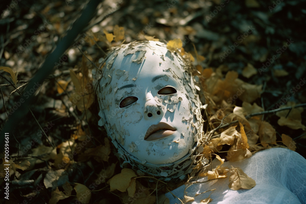 Poster a surreal portrait showcasing a person with a mask depicting dreamlike imagery, inviting viewers int