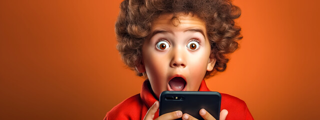 a child with a smartphone in hand experiences a moment of surprise and amazement, the dependence of children on mobile devices - obrazy, fototapety, plakaty
