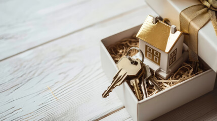 Bundle of keys and toy house in gift box on white background, copy space, banner template for favorable mortgage. Drawing of an apartment or country house.