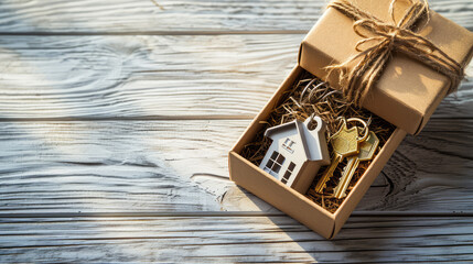 Bundle of keys and toy house in gift box on wooden table background, copy space, banner template for favorable mortgage. Drawing of an apartment or country house. - obrazy, fototapety, plakaty