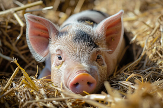 Happy pigs roaming free on farm meadow and mud. Farm animal welfare and care. Generative Ai.