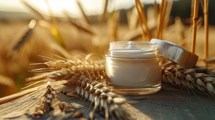 Tuinposter Package Mockup of round cosmetic cream jar on natural field background with copy space with golden wheat grains. Template Cosmetics with natural ingredients, grains and wheat oil. © dinastya