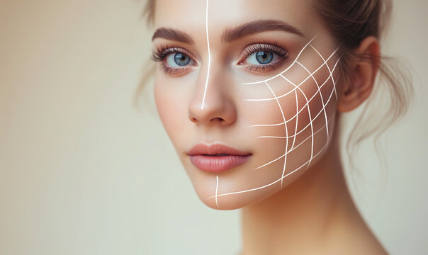 Lifting lines, advertising of face contour correction, female face skin lifting