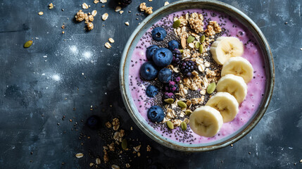Top view Сlose-up of a healthy vegan breakfast. A plate with healthy superfood - fresh berries, fruit yogurt, chia seeds, granola and banana slices.  - obrazy, fototapety, plakaty
